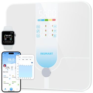 Інсмарт Розумна вага з великим дисплеєм, 227 кг/500 фунтів, аналіз складу тіла, Bluetooth, APP, 18 показників (BMI, вага, жир, м'язи, пульс), біло-помаранчевий/блакитний колір