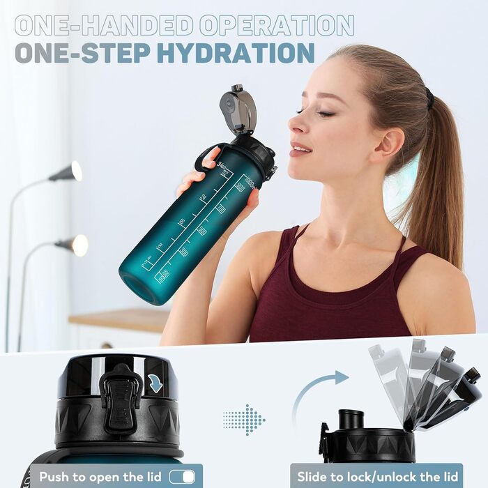 Спортивна пляшка для води 1л BPA-free з неслизьким гумовим ручним, для велосипеда, активного відпочинку, школи, спортзалу, колір: зелений ліс, об'єм: 1000 мл