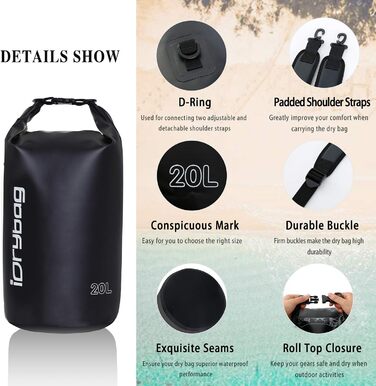 Водонепроникний мішок IDRYBAG 20L: для каякінгу, сплавів, відпочинку на пляжі та подорожей