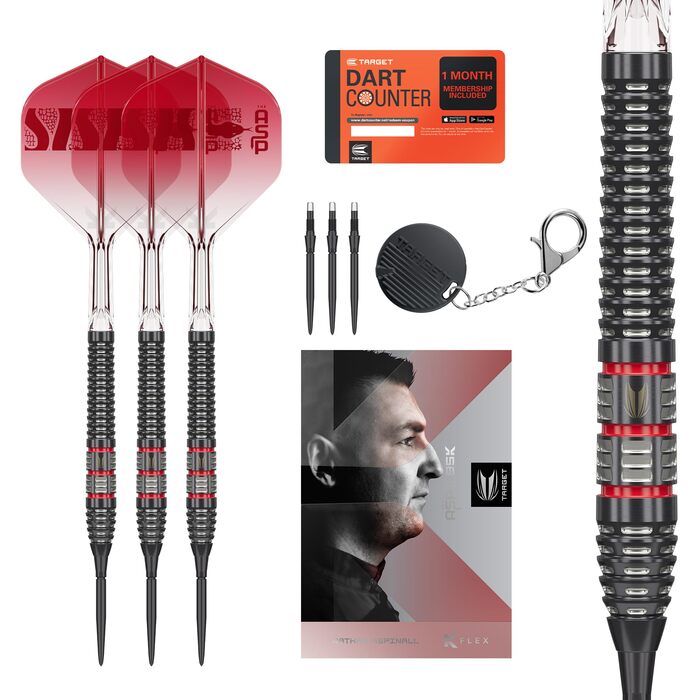 Дарти сталеві Nathan Aspinall 95K (22/24/26г) Wolfram 95% з польотами K-Flex та Swiss Storm Black SP