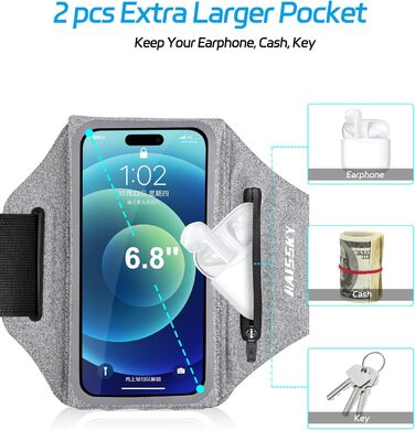 Спортивний браслет для телефону: підставка для бігу, кишенька для навушників, сумісний з iPhone 17/16/15/14/13 Pro Max, Galaxy S25/S24/S23 Ultra (до 6.9 дюймів, світло-сірий)