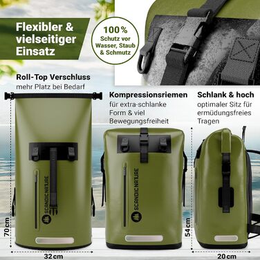 Водонепроникний рюкзак Scandic Nature Pioneer з ролтоп закриттям 35L/55L, чорний, жовтий, оливково-зелений - надміцний завдяки дну з 1000D PVC тканини, водонепроникний чохол для телефону IPX8, 35 літрів