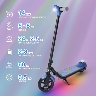 Дитячий електросамокат E-RIDES з LED-підсвіткою, для дітей 6-12 років, дві гальмівні системи, запас ходу 5-8 км, максимальна швидкість 14 км/год, подарунок для дітей та підлітків