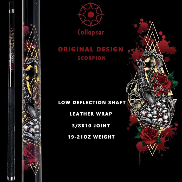 Професійний більярдний кий Collapsar CBP з чохлом, 13 мм наконечник, 147.3 см, 2-частинний, 538.6–595.3 г, 19 ounce. Комплект більярдного кия Skorpion Swing Ball
