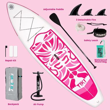 Надувний SUP (Stand Up Paddle Board) FunWater 10'6' & 11'6' з аксесуарами: весло, насос, рюкзак, плавники. Підходить для будь-якого рівня майстерності. Колір: Рожевий (Tiki).