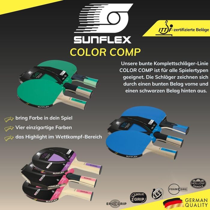 Sunflex Color COMP B35 ракетка для настільного тенісу, ITTF, для хобі та тренувань, синя накладка, для досвідчених гравців, конкавна ручка