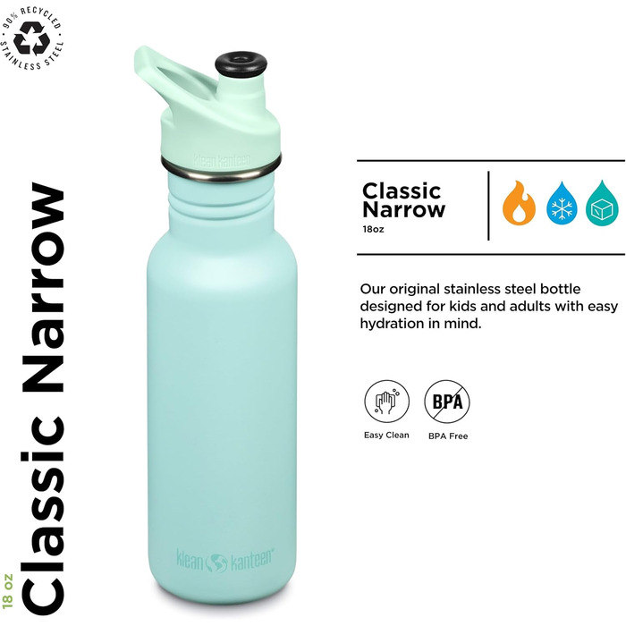 Пляшка Klean Kanteen Classic з нержавіючої сталі з кришкою Sport Cap, пастельно-бірюзова, 532 мл