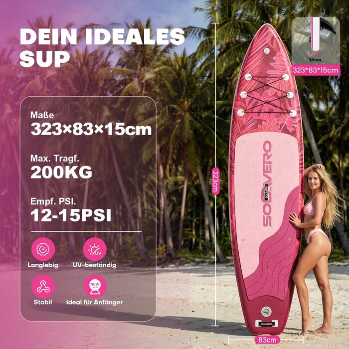 SUP дошка Solavero надувна з комплектом, 323x83x15 см, до 200 кг, рожевий джунглі - для початківців та сімей