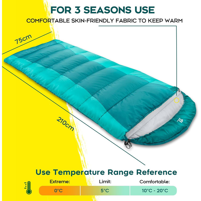 Спальний мішок Bessport фланелевий для кемпінгу 3-4 сезони - 10°C-20°C | Зимовий, легкий, водонепроникний та теплий для дорослих та дітей, для подорожей з рюкзаком, кемпінгу, походів та подорожей. Фланелевий, синьо-зелений (-5°C) (Поліестер Тафтата, небес