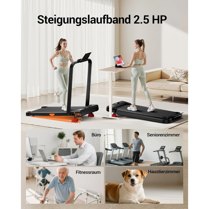 Бігова доріжка Lontek для дому, складана з нахилом 15%, Walking Pad до 136 кг, з пультом - чорна