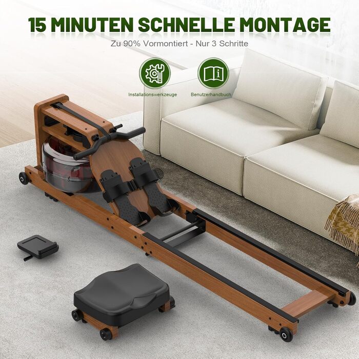 Гребний тренажер Kitopa RW719-50 з водою, для дому, з Bluetooth, Kinomap (30 днів)