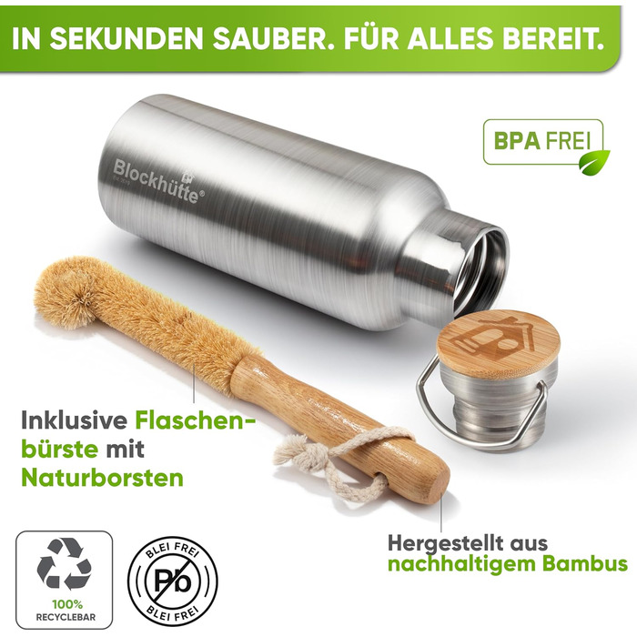 Термос-пляшка з нержавіючої сталі Premium 750 мл з щіткою з натуральної щетини | Ізольована, не протікає, для спорту та відпочинку | Без BPA, срібляста