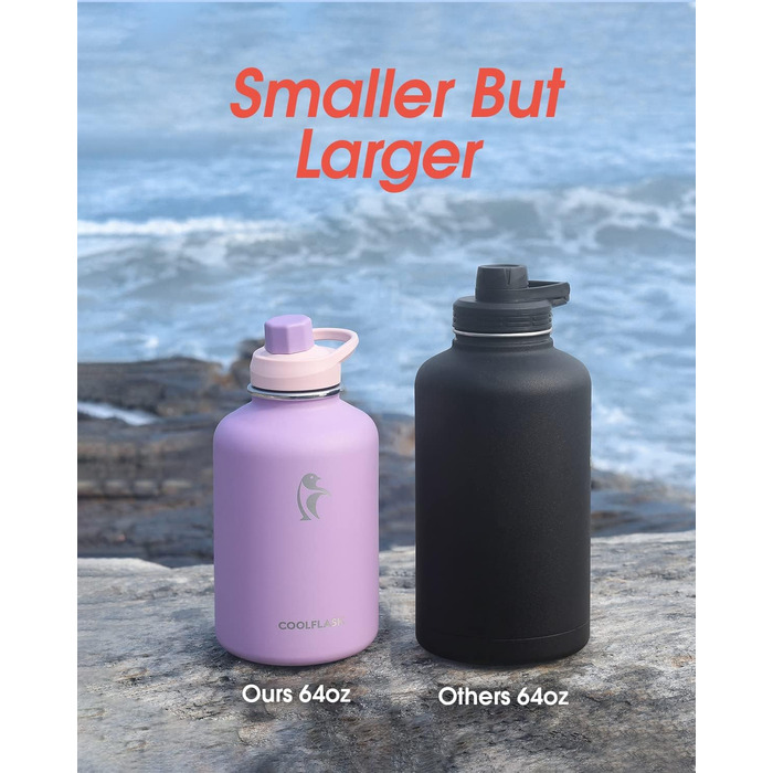 Пляшка для води Coolflask 2 л з нержавіючої сталі з PU-чохлом, з трубочкою, термобутилка для напоїв, зберігає холод 48 годин, тепло 24 години, фіолетова