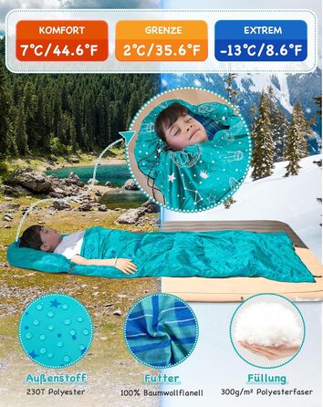 Сплячий мішок KingCamp для дітей, фланелевий, легкий, водонепроникний, компактний, зимовий, 4 сезони, для кемпінгу, підходить для дітей до 140 см, комфортна температура: 7°C, регульована довжина