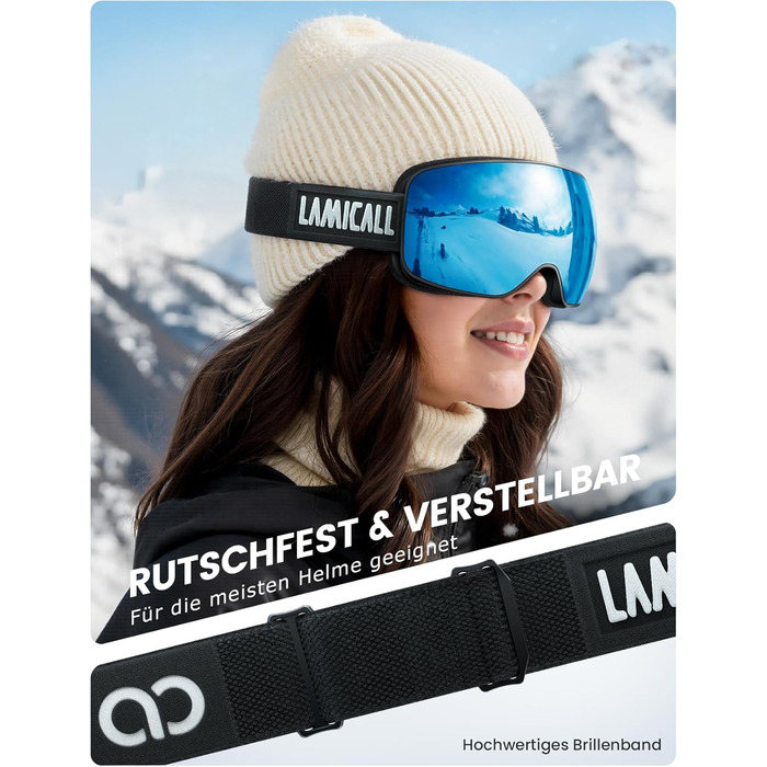 Ламікал - скі-маска для чоловіків та жінок, сноуборд маска з OTG - [Ultra HD та ширший огляд] - TOP антитуманна скі маска для носіїв окулярів, дзеркальна сноуборд маска, скі маска UV400 з захистом від відблисків (Покращена версія - чорний каркас - синій (
