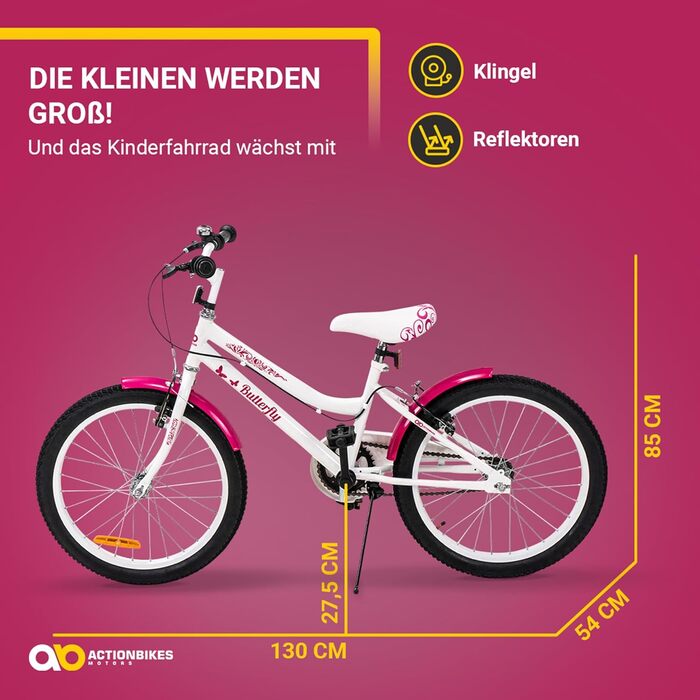 Детский велосипед Actionbikes Butterfly, 20 дюймов, V-Brake тормоза, защита от грязи спереди и сзади, для девочек 6-9 лет, белый/розовый