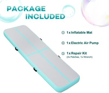 Гімнастичний надувний мат для акробатики та тренувань, 10/20 см, надувний, з насосом, 400x100x10 см, зелений