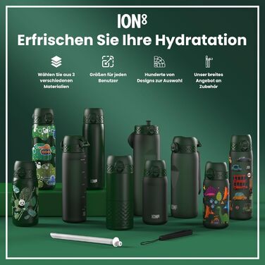 Дитяча пляшка для пиття Ion8 Evo, нержавіюча сталь, 400 мл, без ізоляції, не протікає, відкривається однією рукою, безпечне закриття, можна мити в посудомийній машині, з клапаном, з ручкою, легка у догляді, темно-зелена