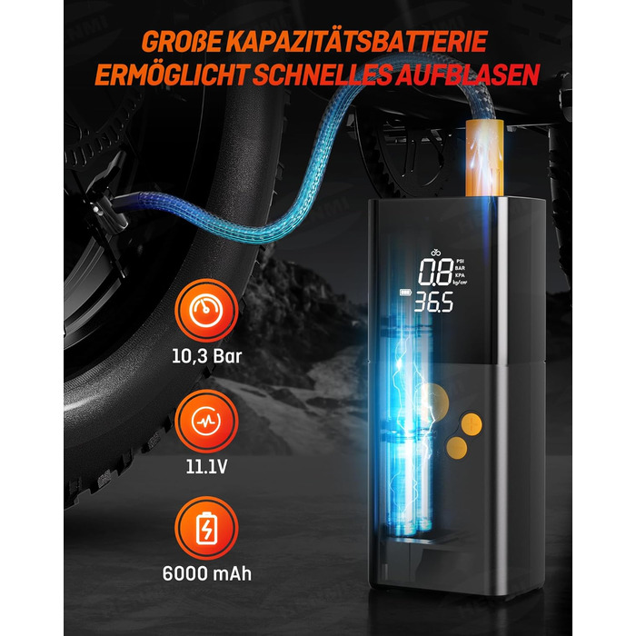 Портативний електричний насос для велосипедів HENMI 150PSI, 6000 мА·год, 5 режимів, з цифровим манометром для авто, мотоциклів, м'ячів