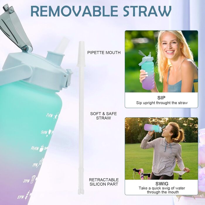 Спортивна пляшка для води MOMSIV 2L з трубочкою та відсіком для фруктів, з мітками часу, чорна, витіювання зелено-фіолетове