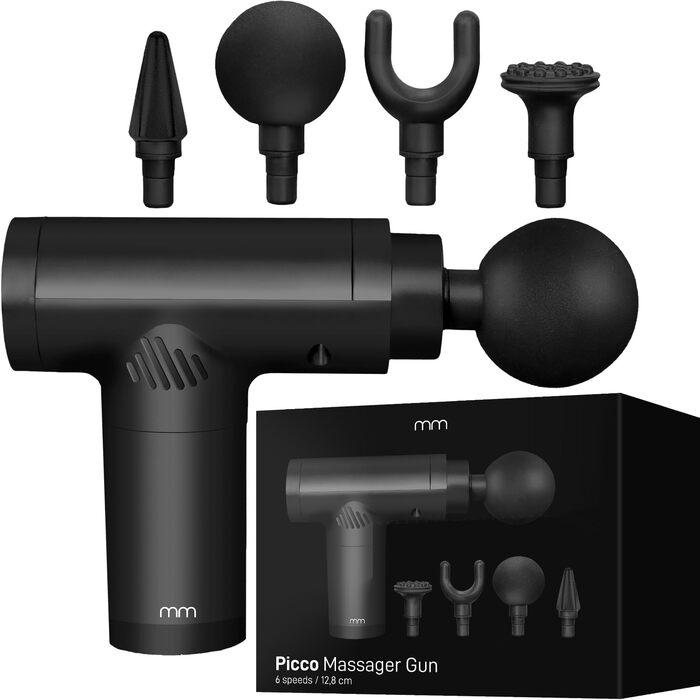 Масажний пістолет MikaMax Picco, компактний, 6 швидкостей, 1200мАг, 4 насадки, USB-C, для глибокого масажу м'язів