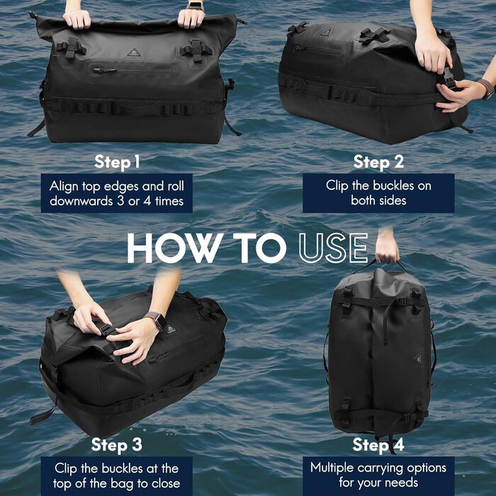 Водонепроникний рюкзак Haimont 90L, RollTop, для пляжу, човнів, каяків, кемпінгу, риболовлі та мотоциклів (Чорний)