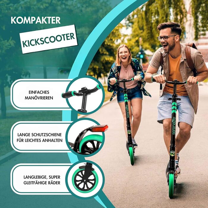 Самокат SereneLife складаний і регульований по висоті для дорослих і дітей до 100 кг, алюмінієво-сталевий, легкий (6,2 кг), колеса 20 см, передня амортизація, заднє гальмо