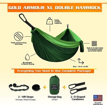 Гамак для кемпінгу Gold Armour - великий двомісний гамак з парашутної тканини (2 петлі, 29 кольорів/малюнків) для дорослих та дітей, зелений