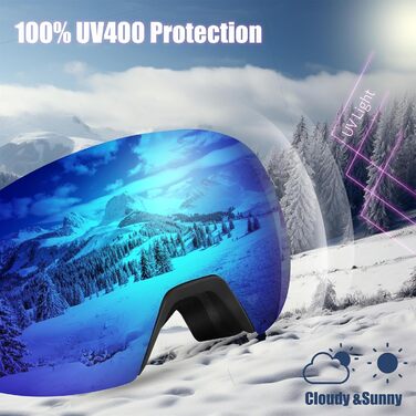 Лижна маска FEISEDY OTG з магнітною змінною лінзою, 100% UV-захист, антифог, для чоловіків і жінок, для окулярів, синя дзеркальна лінза, матовий чорний корпус, для сноуборду, катання на лижах та зимових видів спорту