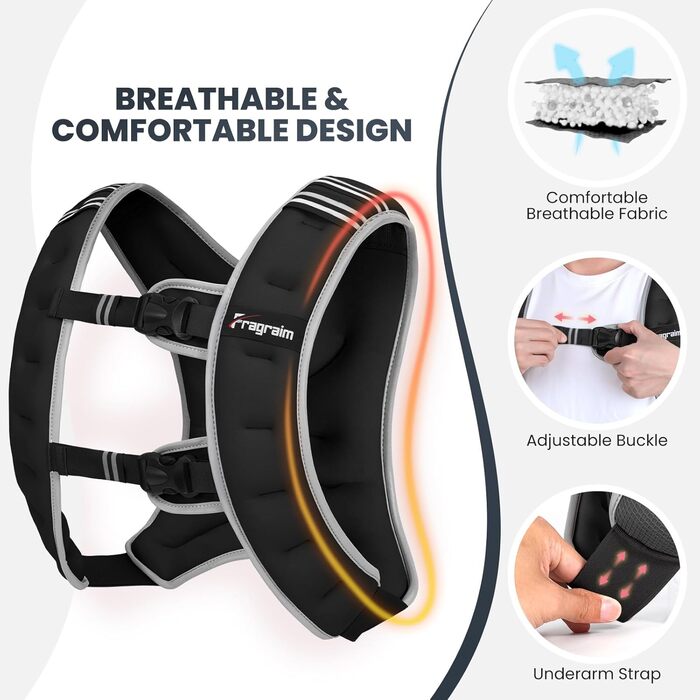 Утяжелитель Fragraim (6/8/10/12/16 кг) для жінок та чоловіків: жилет для фітнесу, бігу, тренувань, з кишенею для телефону, світловідбиваючими елементами, чорний
