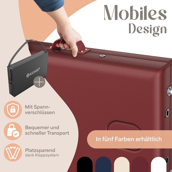 Масажне ліжко KESSER® з 3 зонами, до 250 кг, складане, регульоване, з аксесуарами (підголовник, підлокітники, сумка), для косметичних процедур та терапії, антиковзаюча поверхня, 61 см, Бордовий