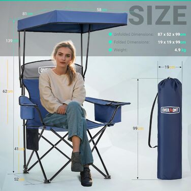 Крісло для кемпінгу OVERMONT складне з сонцезахисним дахом - пляжне крісло, складне з тримачем для напоїв та сумкою-холодильником - шезлонг з дахом для відпочинку на природі, риболовлі, саду (Blaugrau)