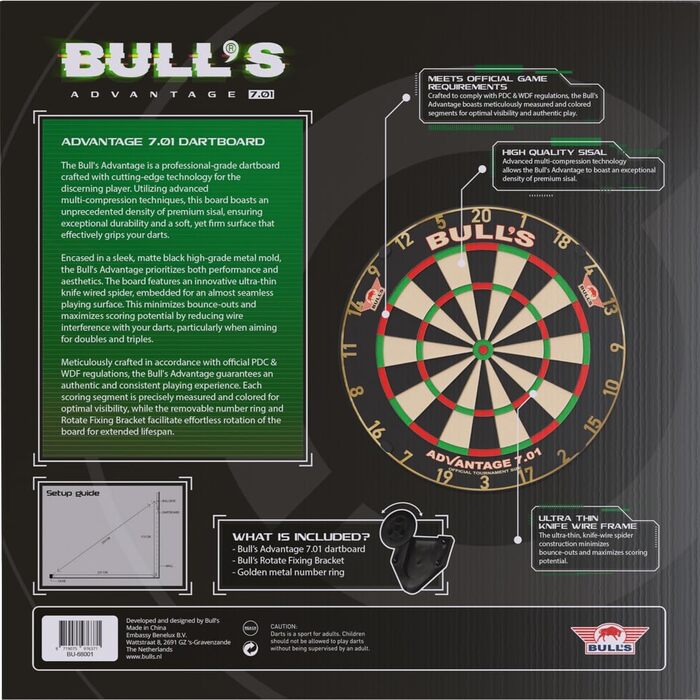 Дартс Bull's Advantage 701 професійний, преміум африканський сизаль, офіційний турнірний розмір, ультратонкі дроти, довговічний, легкий монтаж
