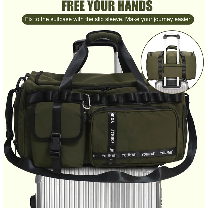 Спортивна сумка для подорожей та фітнесу 65Л з відділенням для взуття та вологих речей, велика дорожня сумка для жінок та чоловіків (армійний зелений)