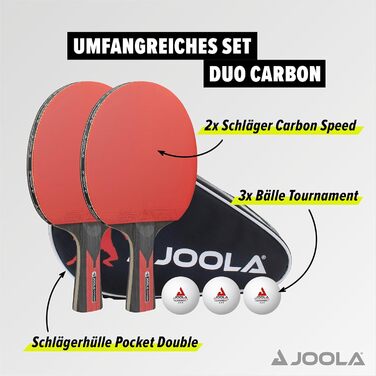 JOOLA Набір для настільного тенісу Duo Carbon: 2 ракетки, 3 м'ячі, чохол, 6 предметів, червоний/чорний