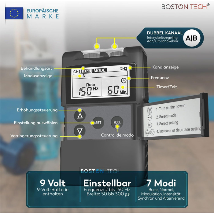 Пристрій TENS Boston Tech ME89 PRO: терапія болю, EMS, 7 режимів, стимуляція м'язів, 4 електроди, 9V батарея, захист від падінь, кейс