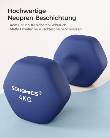 Гантелі SONGMICS 2×4 кг, шестигранні, неопрено-обробка, для силових тренувань вдома, сині