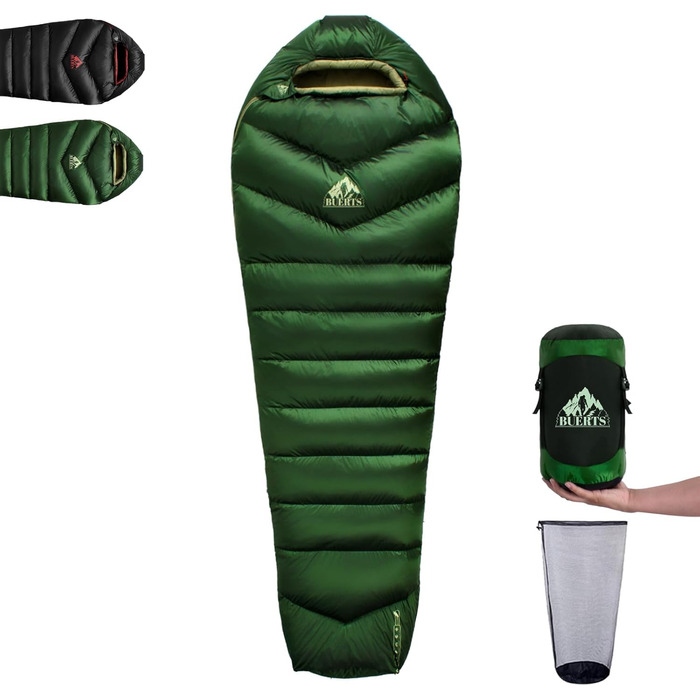 Спальний мішок BUERTS Daunen Summer, 620FP, компактний, для дорослих та підлітків, кемпінг, походи, активний відпочинок. З компресійним мішком. Температура комфорту: 16°C (зелений 5°C)