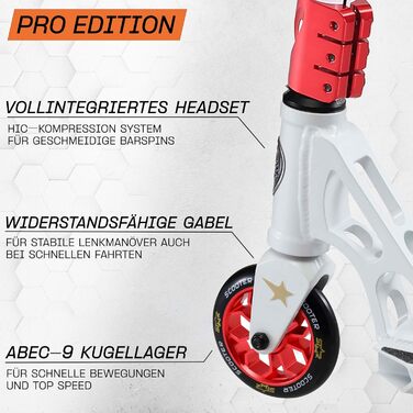 Самокат трюковий STAR SCOOTER Professional Freestyle (біло-червоний) з підшипниками ABEC-9, алюмінієвий, для дітей та підлітків від 8 років