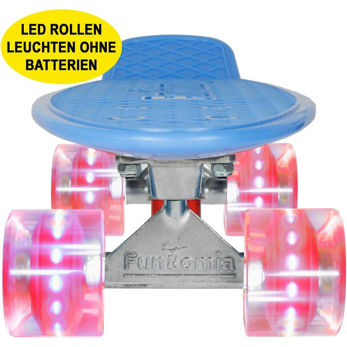 Скейтборд FunTomia Mini-Cruiser 57 см з LED підсвіткою, алюмінієвими траками ABEC-9 та T-інструментом, блакитний з червоними колесами