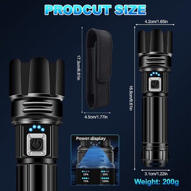 Ліхтар LED акумуляторний 500000 люмен, тактичний, потужний, IP67, водонепроникний, для кемпінгу, туризму, риболовлі, з чохлом та компасом