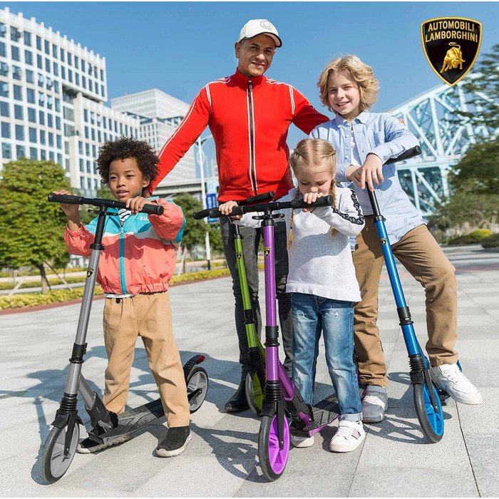 Скутер Lamborghini Tretroller Cityroller з великим колесом, складний, регульована висота, для дорослих та дітей, з підставкою, передньою амортизацією та гальмом на задньому колесі, до 100 кг (Сірий)