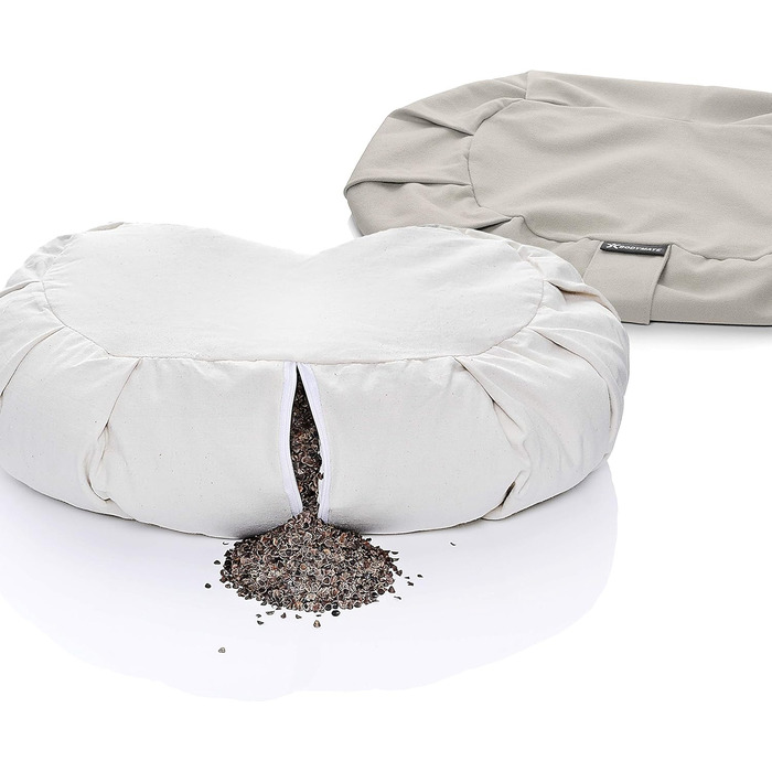 Подушка для йоги BODYMATE Halbmond 42x30x15 см, сіра, з гречаним лушпинням, знімний чохол з бавовни
