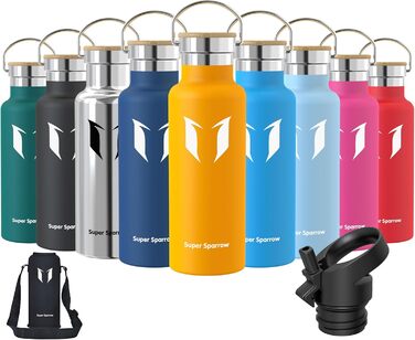 Термос-пляшка Super Sparrow з нержавіючої сталі - 350мл/500мл/620мл/750мл/1л - Без витоку, BPA-Free - Пляшка для води, термопляшка для дітей, для газованої води, спорту, школи, фітнесу - з 2 кришками (500мл, Mango)