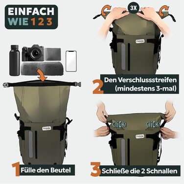 Водонепроникний рюкзак Ruqqle 45 л, RollTop, 3 зовнішні кишені, для пляжу, човнів, каяків, подорожей, кемпінгу, риболовлі та мотоциклів (Блакитний)