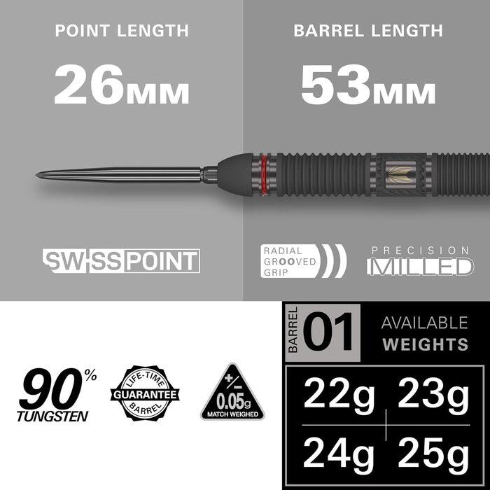Професійний набір сталевих дротиків Target Darts Scope Swiss Point, 90% вольфрам, червоно-чорні, 21-25 г, з інструментом