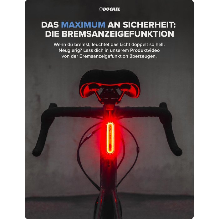 Велосипедне заднє світло Büchel LED, акумуляторне, сертифіковане StVZO, для велосипеда та електровелосипеда, з функцією показу гальмування