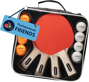 Набір для настільного тенісу HUDORA Friends – 4 ракетки та 8 м'ячів, комплект для 4 гравців з сумкою, професійні тенісні ракетки для пінг-понгу