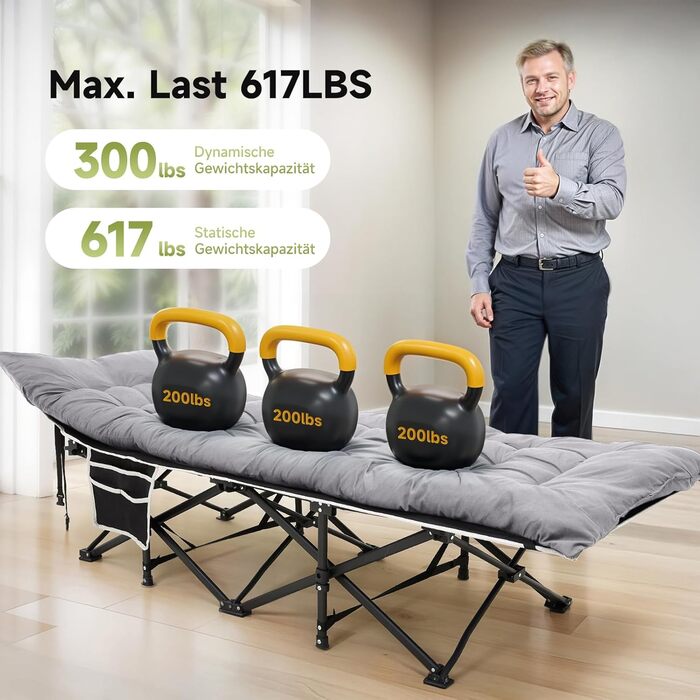 Ліжко-розкладачка Warmiehomy XXL з матрацом для дорослих, гостьове ліжко, широке, міцне, для кемпінгу, відпочинку, офісу, саду, сіре, з матрацом