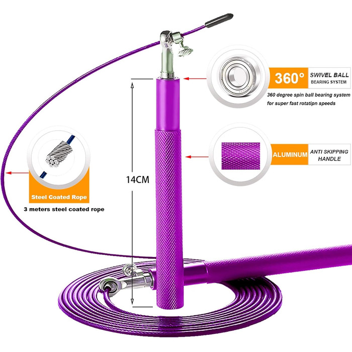 Стрибкова скакалка Speed Jump Rope з поворотним підшипником 360°, регульоване сталеве тросик, алюмінієва ручка з антиковзаючим покриттям – для фітнесу, боксу, спортивних вправ, підходить для дітей та дорослих, фіолетовий